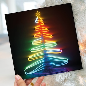 Cartão de Natal de néon, luzes brilhantes para árvores, tubo de iluminação Y2K, anos 80, cores brilhantes, cores coloridas, cartões divertidos exclusivos para família, amigos, Natal 2025