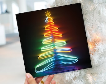 Neon Christmas Card Glowing Tree Lights Tube Lighting Y2K 80s Bright Colours Colourful Colours Unique Fun Cards For Family Friends Xmas 2023