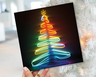 Neon Weihnachtskarte Glowing Tree Lights Tube Beleuchtung Y2K 80er Jahre Helle Farben Bunte Farben Einzigartige Spaß Karten für Familie Freunde Weihnachten 2025