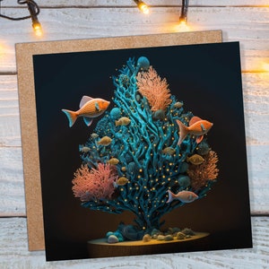 Tarjeta navideña con árbol de coral, escena submarina del océano, vida marina en azul agua y naranja, peces nadando, tarjetas de felicitación únicas para familiares y amigos, Navidad 2025