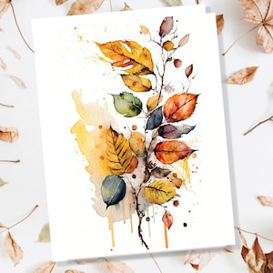 Tarjeta de hojas de otoño Feliz otoño Tarjetas de Acción de Gracias Hojas Hoja Naturaleza Notas Notas para toda ocasión Acuarela Pintura inspirada en el otoño Saludos