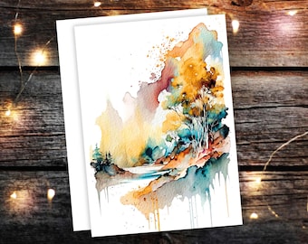 May include: Watercolor painting of a landscape with a river, trees, and hills. The colors are yellow, orange, blue, and green. The painting has a dripping effect, giving it a unique and abstract look.