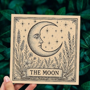 De maan tarot wenskaart afdrukken hemelse heidense spirituele verjaardagswensen set intenties voor heksenvrienden mystieke new age magische kunst