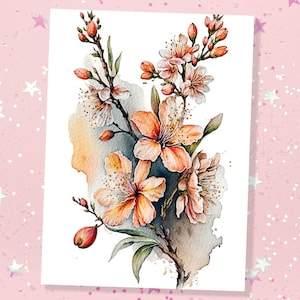 Pfirsich Blumen Karte Blush Floral Danke Grußkarten Sakura Kirschblüten Aquarell Botanisch Grußkarten Notelets Eleganter Frühling