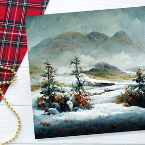Traditionelle Schneeszenenkarte mit verschneiter schottischer Landschaftsberge-Baummalerei-Grußkarten für Familie Freunde Weihnachten 2025 Danke