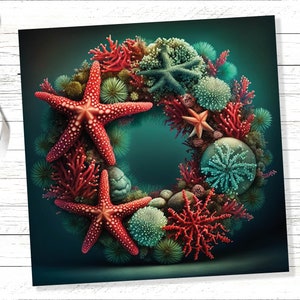 Oceaan koraalrif kerstkaart feestelijke krans woordspeling grappig zeester zeewier zeeleven rood groen wenskaarten voor familie vrienden Xmas 2025