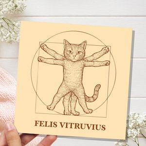 Carte Felis Vitruvius | Parodie d'art unique drôle d'homme de Vitruve | Carte de voeux pour les amoureux des chats, histoire de l'art, Léonard de Vinci, humour, cadeau pour artiste