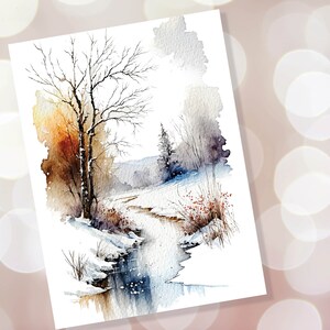 Winter Landscape Card Snowy Icy River Scene Watercolour Painting Ice ...