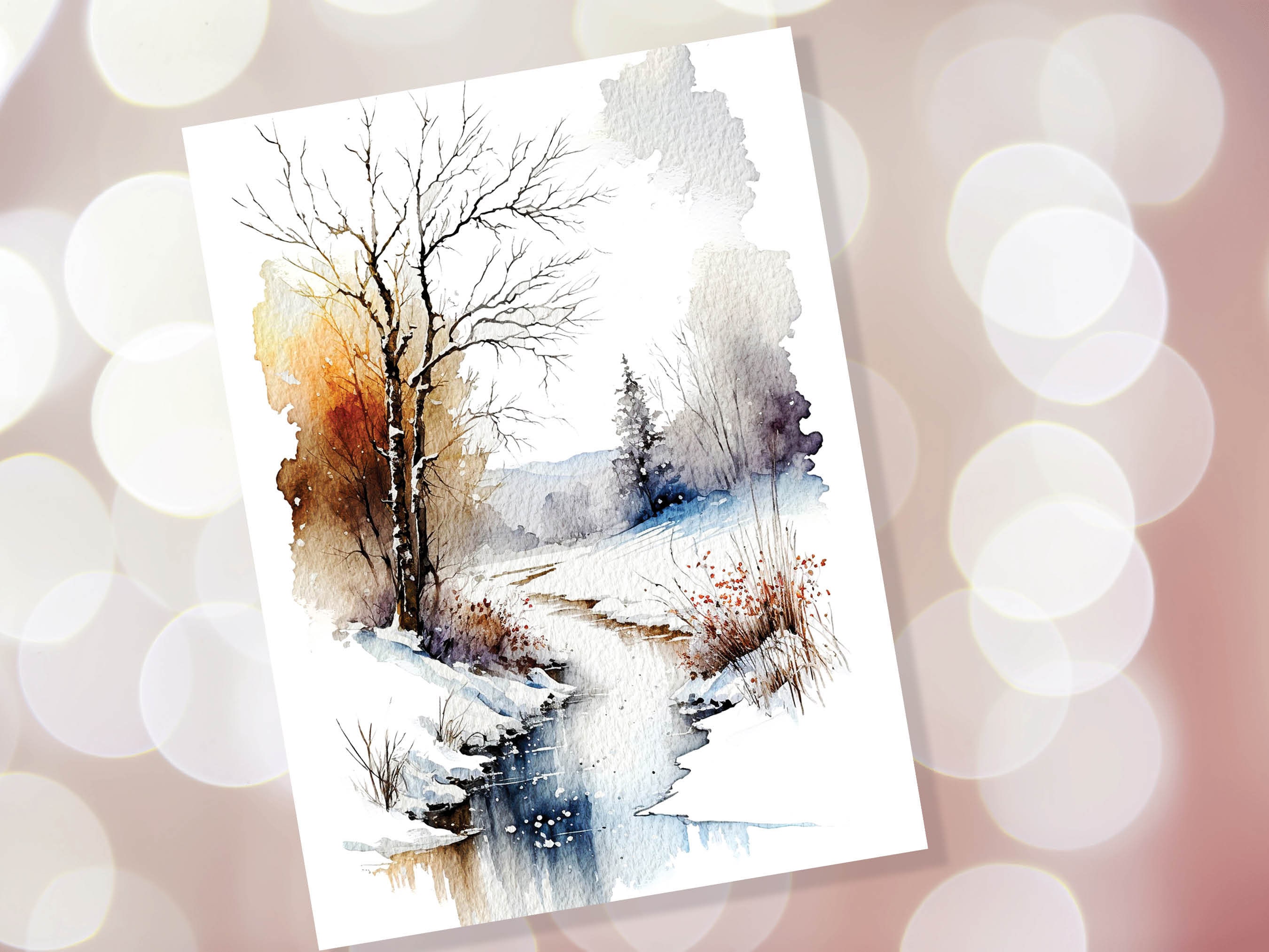 Winter Landscape Card Snowy Icy River Scene Watercolour Painting Ice ...