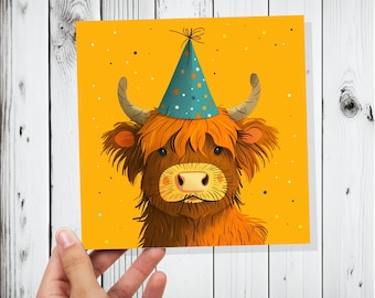 Cartão de aniversário de vaca das Terras Altas para amigo escocês da Escócia Heilan Coo, chapéu de festa peludo marrom para gado, convite fofo e divertido