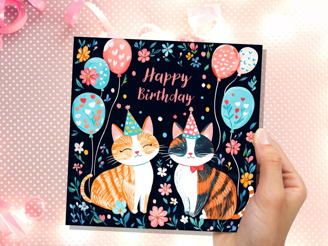 Cute Cats Happy Birthday Card Celebrating Cats With Party Hats and ...