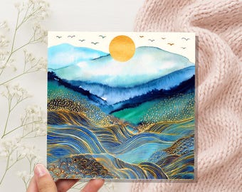 Watercolour Mountain Sun Greeting Card, Gold Ocean Waves Rolling Hills Art, Blue Abstract Landscape Celestial Nature Lover Gift Any Occasion