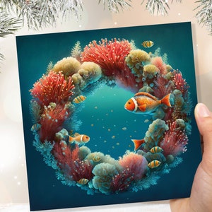 Coral Weihnachtskarte Lustiges Ocean Reef Festliches Kranz-Wortspiel mit Algen-Seeschwämmen Teal Orange Grußkarten für Familie Freunde Weihnachten 2025