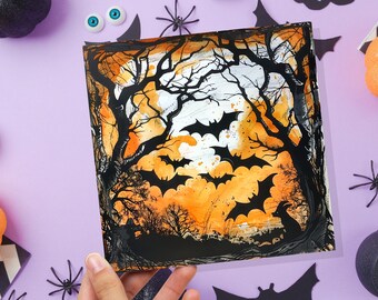 Bats Halloween Card Creepy Flying Vampire Bats in Moonlit Forest Unique Gothic Art for Family Friends Party Invitations Orange & Black Trees