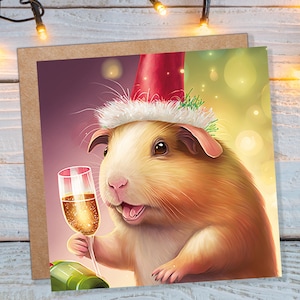 Cavia kerstkaart grappig drinken champagne kerstfeest humor unieke grapgroeten voor familie vrienden kerstmis 2025 1, 5 of 10 packs set
