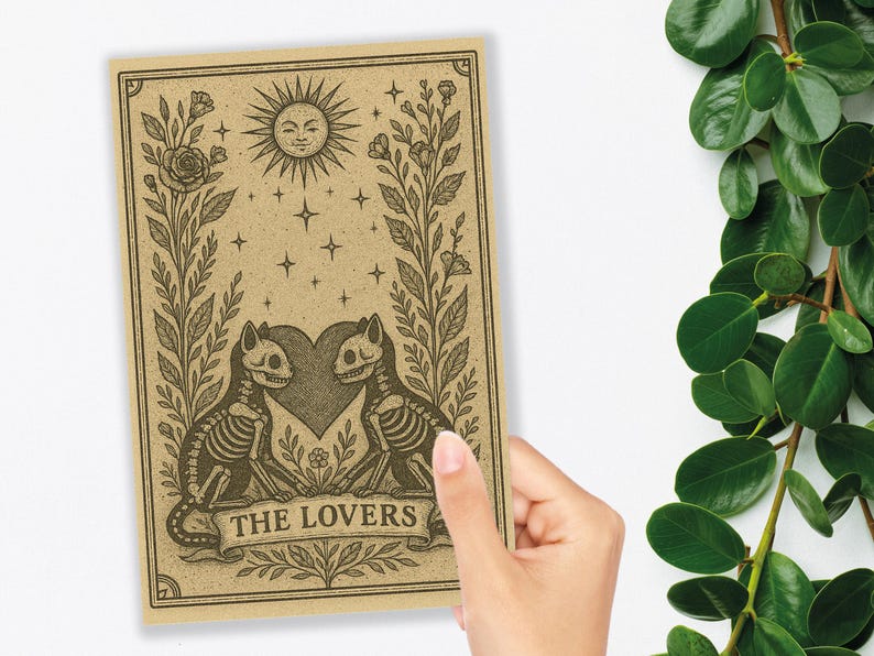 May include: A tarot card illustration featuring two skeleton cats facing each other, with a heart between them. The card has a sun, stars, and floral elements. The text "THE LOVERS" is at the bottom.