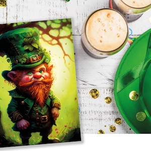 Carte d'illustration lunatique de lutin Enchanted Ireland Cartes de voeux de bonne chance irlandais Ginger Gnome Joyeuse Saint-Patrick mignon