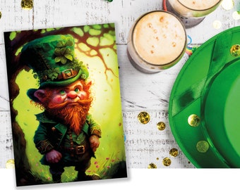 Whimsical Leprechaun Illustration Card Enchanted Ireland Good Luck Wishes Lucky Irish Ginger Gnome Greeting Cards Happy St Patricks Day Cute