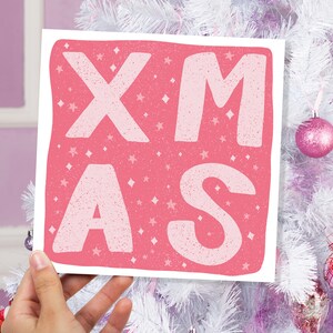Roze kerstkaart eenvoudige belettering kerstwenskaarten voor vrienden en familie, set van 1, 5 of 10 set tekening citaat handgeletterde sterren woord