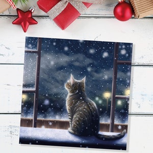 Cat Christmas Card Cute Kitten Watching Snow Fall Tabby Snowy Window Winter Night Scene Falling Whimsical Greetings Family Friends Xmas 2023 image 9