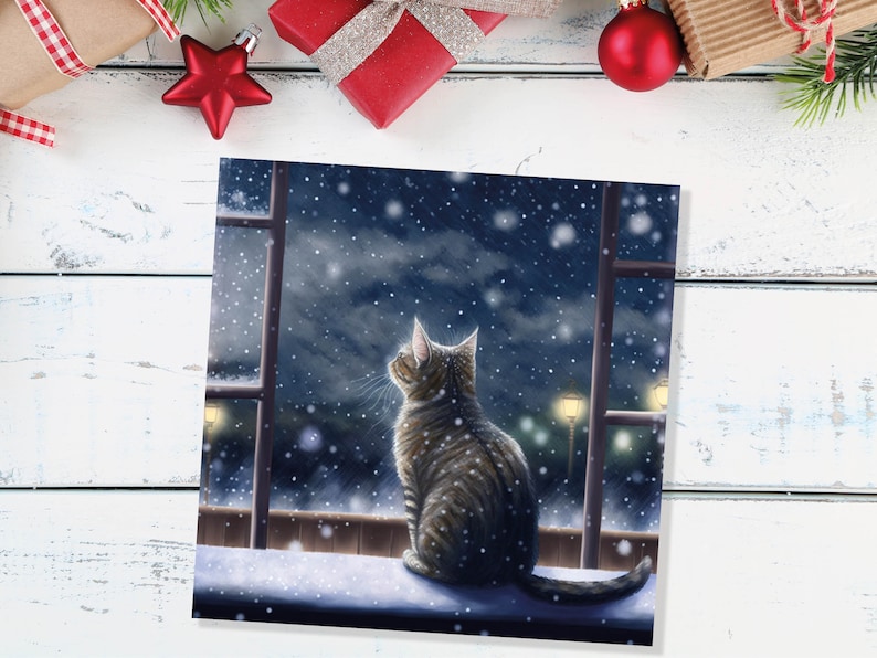 Cat Christmas Card Cute Kitten Watching Snow Fall Tabby Snowy Window Winter Night Scene Falling Whimsical Greetings Family Friends Xmas 2023 image 9