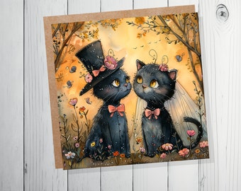 Black Cat Wedding Card Whimsical Cats Anniversary Card for Cat Lovers Romantic Unique Whimsical Illustration Happy Couple Getting Married