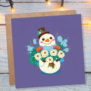 Romantische bloemen sneeuwpop kaart schattige paarse illustratie met bloemen boeket en hoge hoed ontwerp groeten voor familie vriend kerstmis 23 bedankt