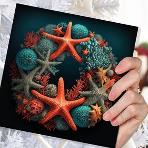 Koraalkrans kerstkaart grappige oceaanrif woordspeling met schelpen en zeester Wintertaling oranje feestelijke wenskaarten voor familie vrienden Xmas 2025
