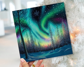 Tarjetas de Navidad de auroras boreales Hermosa escena de nieve de invierno Paisaje nevado Aurora boreal verde Tarjetas de Navidad para familiares y amigos Vacaciones de 2023