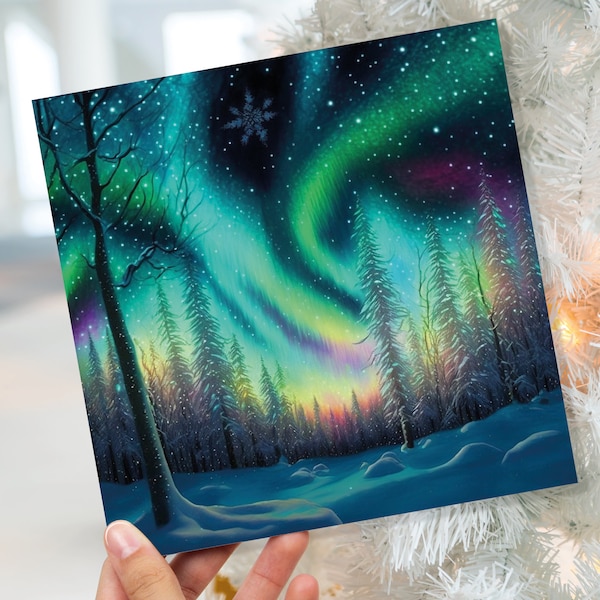 Northern Lights Christmas Cards Beautiful Winter Snow Scene Snowy Scenery Green Aurora Borealis Xmas Cards For Family Friends 2023 Holidays