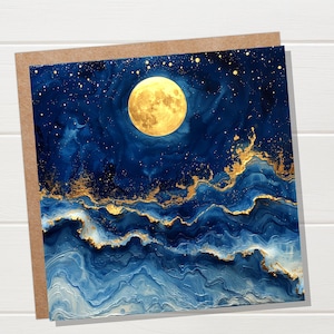 Biglietto d'auguri con luna piena / Cielo notturno magico / Biglietto d'auguri con arte astratta / Pensando a te / Regalo per gli amanti della natura / Qualsiasi occasione / Blu oro pittorico