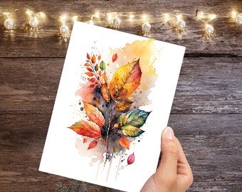 Autumn Leaves Card Happy Thanksgiving Fall Greeting Cards Leaf Nature Note Cards All Occasion Notelets Watercolour Harvest Thanks Greetings