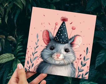 Cute Chinchilla Birthday Card Festive Celebration Party Hat Polka Dots Grey Pink Flowers Leaves Illustration Whimsical Pet Sitting Thank You