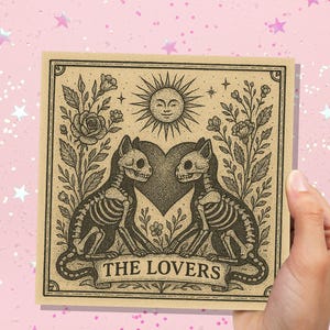 Lovers Tarot Skeleton Cat Card | Gothic Witchy Anniversary Valentine Gift | Dark Romance Art | Unique Macabre Love Illustration Witchcore image 8