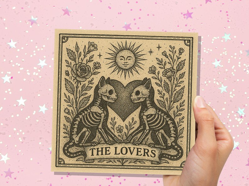 Lovers Tarot Skeleton Cat Card | Gothic Witchy Anniversary Valentine Gift | Dark Romance Art | Unique Macabre Love Illustration Witchcore image 8