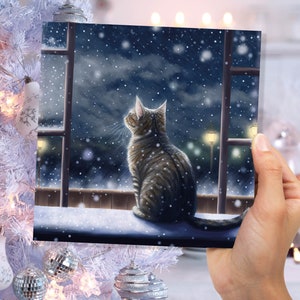 Cat Christmas Card Cute Kitten Watching Snow Fall Tabby Snowy Window Winter Night Scene Falling Whimsical Greetings Family Friends Xmas 2023 image 4