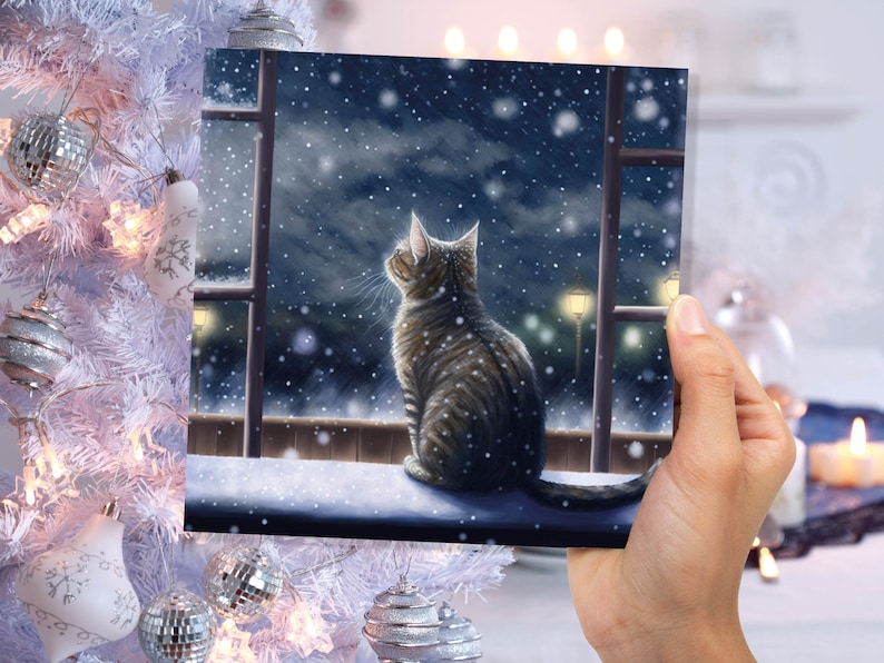 Cat Christmas Card Cute Kitten Watching Snow Fall Tabby Snowy Window Winter Night Scene Falling Whimsical Greetings Family Friends Xmas 2023 image 4