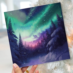 Nordlichter Weihnachtskarten Wald Schnee Szene Sterne verschneit Wald grün rosa lila Aurora Borealis Weihnachtskarten für Familie Freunde 2022