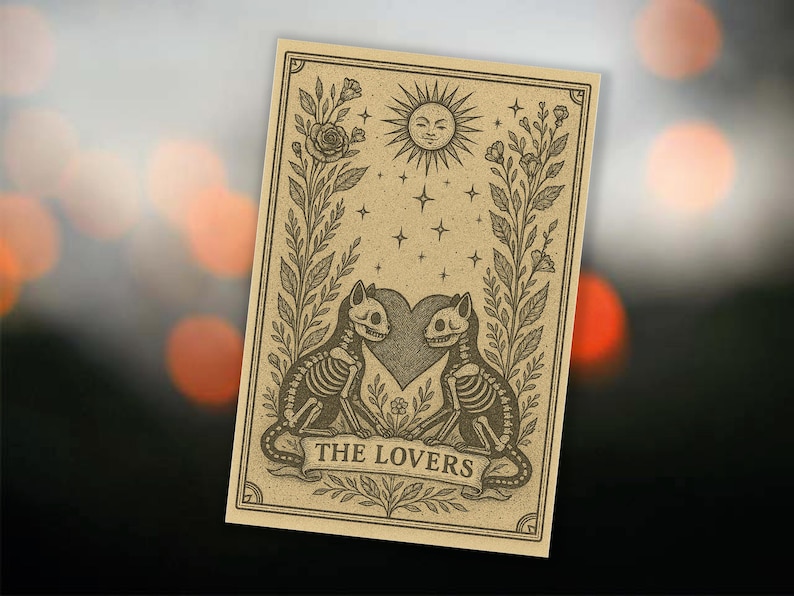 May include: A beige tarot card illustration featuring two cat skeletons facing each other, with a heart between them. Above, a smiling sun and stars are depicted. The words "THE LOVERS" are on a banner below the cats.