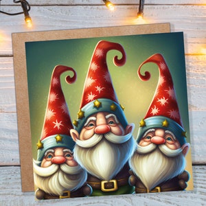 Kerstkaarten kabouters schattige kleine vriendelijke dwergen rode feestelijke hoeden en witte baarden magische kabouter elf kaarten voor familie vrienden kerstmis 2025