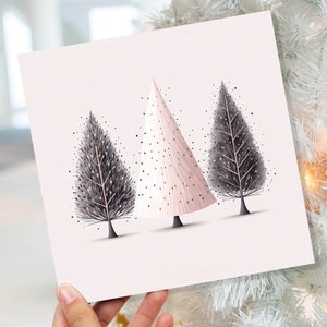 Kerstbomen illustratiekaart modern elegant dennenboom roze grijs wit eenvoudige inkt schilderij wenskaarten voor familie vrienden Kerstmis 2025