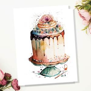 Supporto per torta di compleanno con acquerello Carta acquerello Dipinto ad acquerello Colori vintage Rosa Uovo d'anatra Celebrazione Biglietti di auguri per la sua mamma Donna Moglie