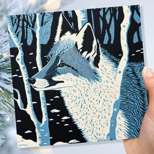 Vos Kaarten Winter Linosnede Besneeuwd Bos Illustratie Blauw Wit Zwart Sneeuwlandschap Landschap Groeten Voor Familie Vrienden Kerstmis 2025 Bedankt