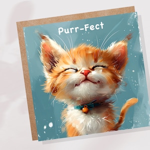 Carte ronronnante et rousse pour les amoureux des chats et les propriétaires d'animaux de compagnie Amitié Anniversaire pour dire merci Mignon chaton duveteux Heureux contenu Ronronnement souriant