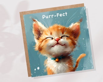 Puede incluir: Un lindo gatito naranja y blanco con los ojos cerrados y una gran sonrisa. El gatito lleva un collar azul con una campanita y tiene un fondo azul claro con puntos blancos. El texto "Purr-Fect" está escrito en blanco en la parte superior de la imagen.