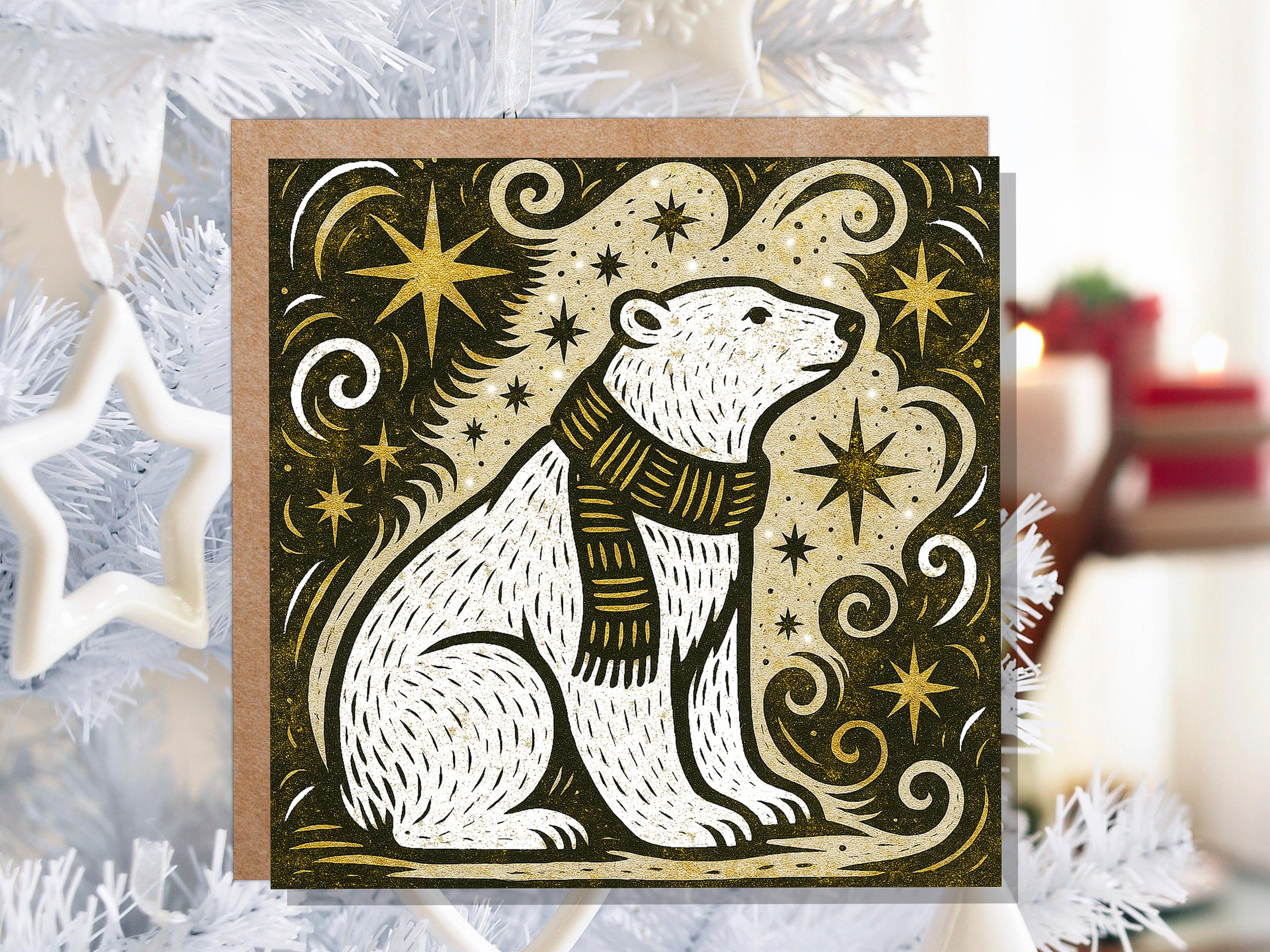Winter Polar Bear Card Linocut Starry Night Snow Scene Cosmic Star ...