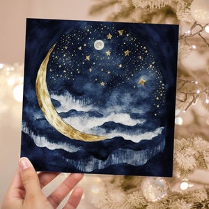 May include: A watercolour painting of a crescent moon with gold accents against a dark blue night sky with white clouds and gold stars.