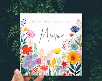 Botanisk vildblomma, grattiskort till mors dag med mammas kalligrafi, unik blommönster för mamma, ljusa färgglada blommor