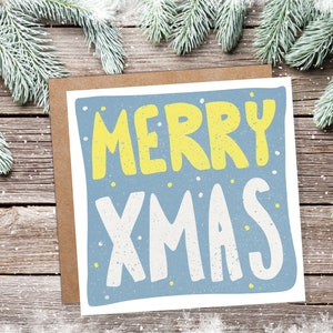 Handgeletterde vrolijke kerstkaart blauw en geel vetgedrukte belettering citaat feestelijke groeten voor vrienden of familie 1, 5 of 10 set eenvoudig
