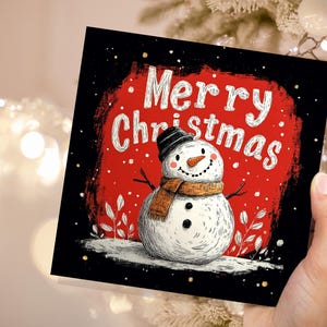 Vrolijk kerstfeest belettering kaart met schattige sneeuwpop illustratie feestelijke rode achtergrond familie en vrienden unieke kerstkaart Nieuw voor kerstmis 2025
